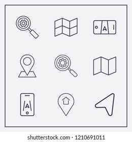 Outline 9 location icon set. location home, search setting, location arrow and map vector illustration