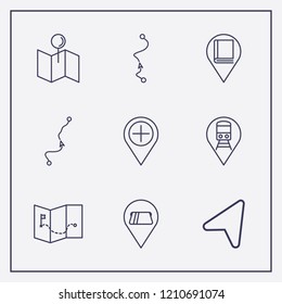 Outline 9 location icon set. location arrow, distance map, train location and location cash withdrawal vector illustration
