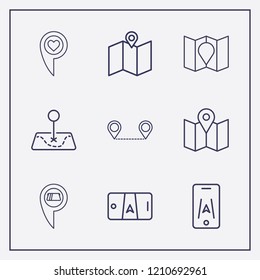 Outline 9 location icon set. smartphone map, location cash withdrawal, distance map and love location vector illustration
