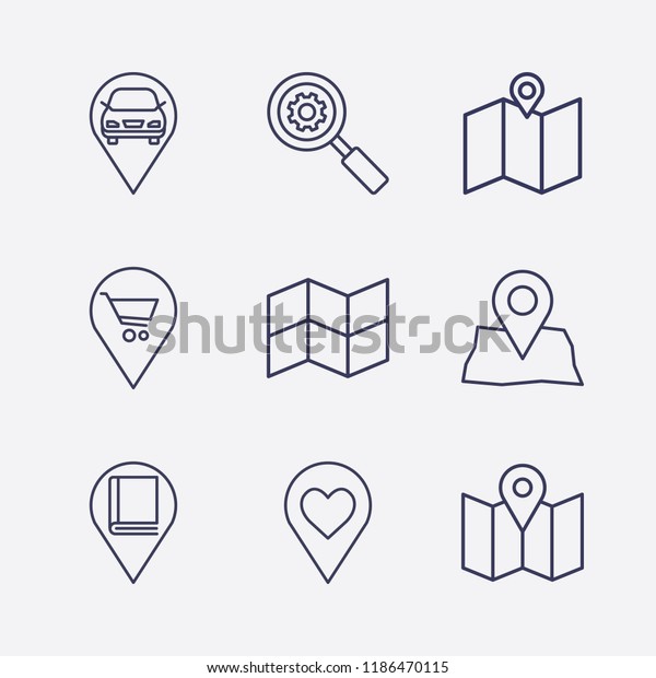 Outline 9 location icon set. library , map,\
love , shopping , map location, search setting and car location\
vector illustration