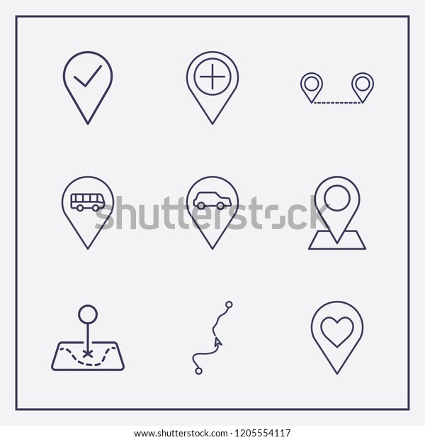 Outline 9 location icon set. love , bus ,\
add and map location vector\
illustration