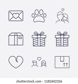 Outline 9 love icon set. lovers, broken heart, box, mail love, gift and paw vector illustration