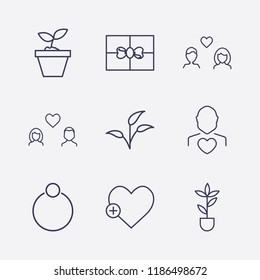 Outline 9 love icon set. ring, man love, gift, lovers, plant and add heart vector illustration