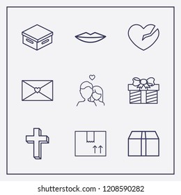 Outline 9 love icon set. broken heart, love message, cross and lips vector illustration