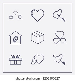 Outline 9 love icon set. leaf home, lovers, gift and box vector illustration