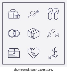 Outline 9 love icon set. hand with plant, gift, flip flop and broken heart vector illustration