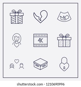 Outline 9 love icon set. woman in love, box, ultrasound baby and k vector illustration
