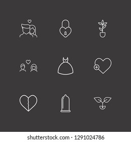 Outline 9 love icon set. broken heart, lovers, plant and condom vector illustration