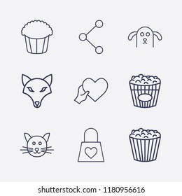 Outline 9 lovely icon set. share, heart with hand, dog, popcorn, love bag and cat vector illustration