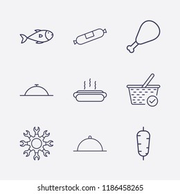 Outline 9 lunch icon set. dish, setting, hot dog, fish, check basket, chicken leg, sausage and doner food vector illustration