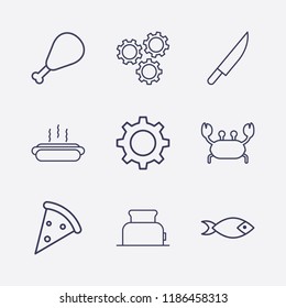 Outline 9 lunch icon set. pizza, toster, fish, knife, setting, chicken leg, hot dog and crab vector illustration