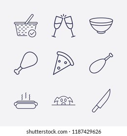 Outline 9 lunch icon set. hot dog, pork, check basket, pizza, chicken leg, bowl, toast and knife vector illustration