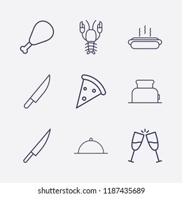 Outline 9 lunch icon set. hot dog, pizza, toast, knife, chicken leg, dish, toster and lobster vector illustration