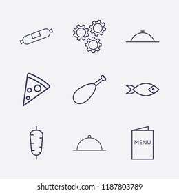Outline 9 lunch icon set. fish, chicken leg, sausage, menu, setting, doner food, pizza and dish vector illustration