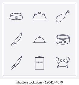 Outline 9 lunch icon set. knife, menu, fish canned and chicken leg vector illustration