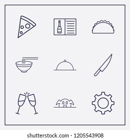 Outline 9 lunch icon set. toast, pizza, pork and bowl vector illustration