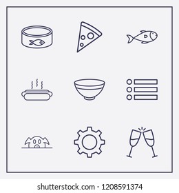 Outline 9 lunch icon set. pizza, fish, menu and bowl vector illustration
