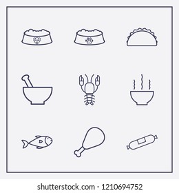 Outline 9 lunch icon set. bowl, sausage, sandwich and chicken leg vector illustration