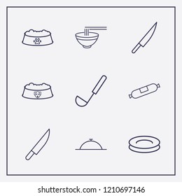 Outline 9 lunch icon set. plate, ladle, sausage and bowl vector illustration