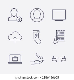 Outline 9 man icon set. hand with handset, monitor, upload cloud, laptop with suitcase, bodybuilder, user, winter sock, newspapers with hand and download user vector illustration