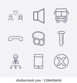 Outline 9 man icon set. shackles, bus, tube, close, smartphone, lovers, hang up, sound and organization vector illustration