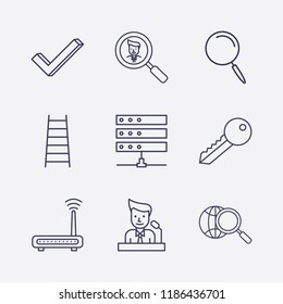 Outline 9 man icon set. server, ladder, speaker on tribune, search businessman, key, globe search, check, router and search vector illustration