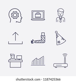 Outline 9 man icon set. laptop with suitcase, router, upload, reception, head with gear, chart, carnaval hat, businessman and broken hand vector illustration