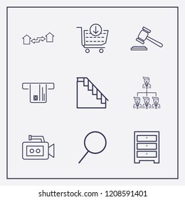 Outline 9 man icon set. gavel, search, comod and organization vector illustration
