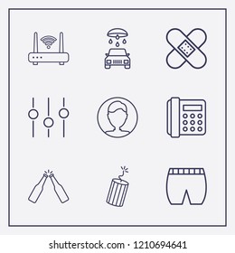 Outline 9 man icon set. shorts, dynamite, car wash and router vector illustration