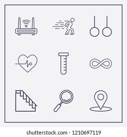 Outline 9 man icon set. router, location, heart impulse and infinity vector illustration