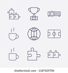 Outline 9 match icon set. football pitch, cup, jigsaw, world and projector vector illustration