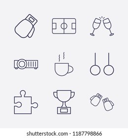 Outline 9 match icon set. jigsaw, boxing glove, cup, sport ring, cheers, football pitch, projector and boxing gloves vector illustration