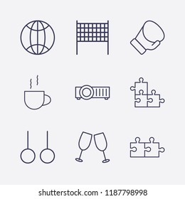 Outline 9 match icon set. jigsaw, volleyball net, cheers, cup, boxing glove, world, projector and sport ring vector illustration