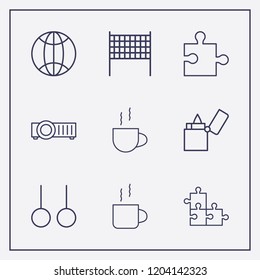 Outline 9 match icon set. projector, sport ring, volleyball net and world vector illustration