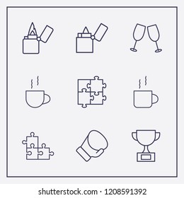 Outline 9 match icon set. boxing glove, cheers, lighter and jigsaw vector illustration