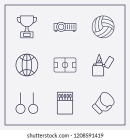 Outline 9 match icon set. volleyball ball, matches box, sport ring and cup vector illustration