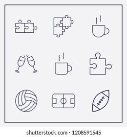 Outline 9 match icon set. jigsaw, cheers, puzzle and football pitch vector illustration