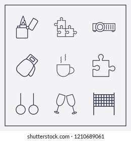 Outline 9 match icon set. lighter, boxing glove, projector and jigsaw vector illustration