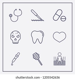 Outline 9 medicine icon set. sauna, stethoscope, heart and pill vector illustration