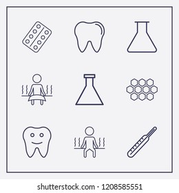 Outline 9 medicine icon set. medicine thermometer, flask, tooth and honeycomb vector illustration