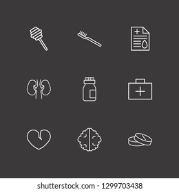 Outline 9 medicine icon set. drug, medicine document, honey dipper and brain vector illustration