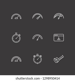 Outline 9 meter icon set. speedometer, meters tool, browser with download and stopwatch vector illustration
