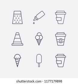 Outline 9 milk icon set. cone, coffee cup, ice cream, grater and baby bottle vector illustration