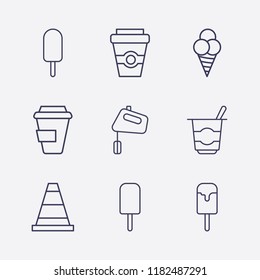 Outline 9 milk icon set. cone, yogurt, ice cream, hand mixer and coffee cup vector illustration