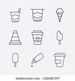 Outline 9 milk icon set. coffee cup, baby bottle, ice cream, yogurt and cone vector illustration