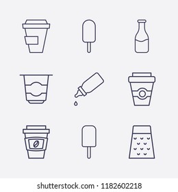 Outline 9 milk icon set. milk bottle, coffee cup, baby bottle, grater, yogurt and ice cream vector illustration