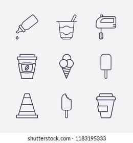 Outline 9 milk icon set. cone, yogurt, hand mixer, ice cream, baby bottle and coffee cup vector illustration