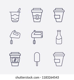 Outline 9 milk icon set. hand mixer, yogurt, ice cream, coffee cup and milk bottle vector illustration