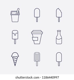 Outline 9 milk icon set. coffee cup, milk bottle, yogurt and ice cream vector illustration