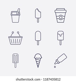 Outline 9 milk icon set. ice cream, coffee cup, yogurt, baby bottle and shopping basket vector illustration
